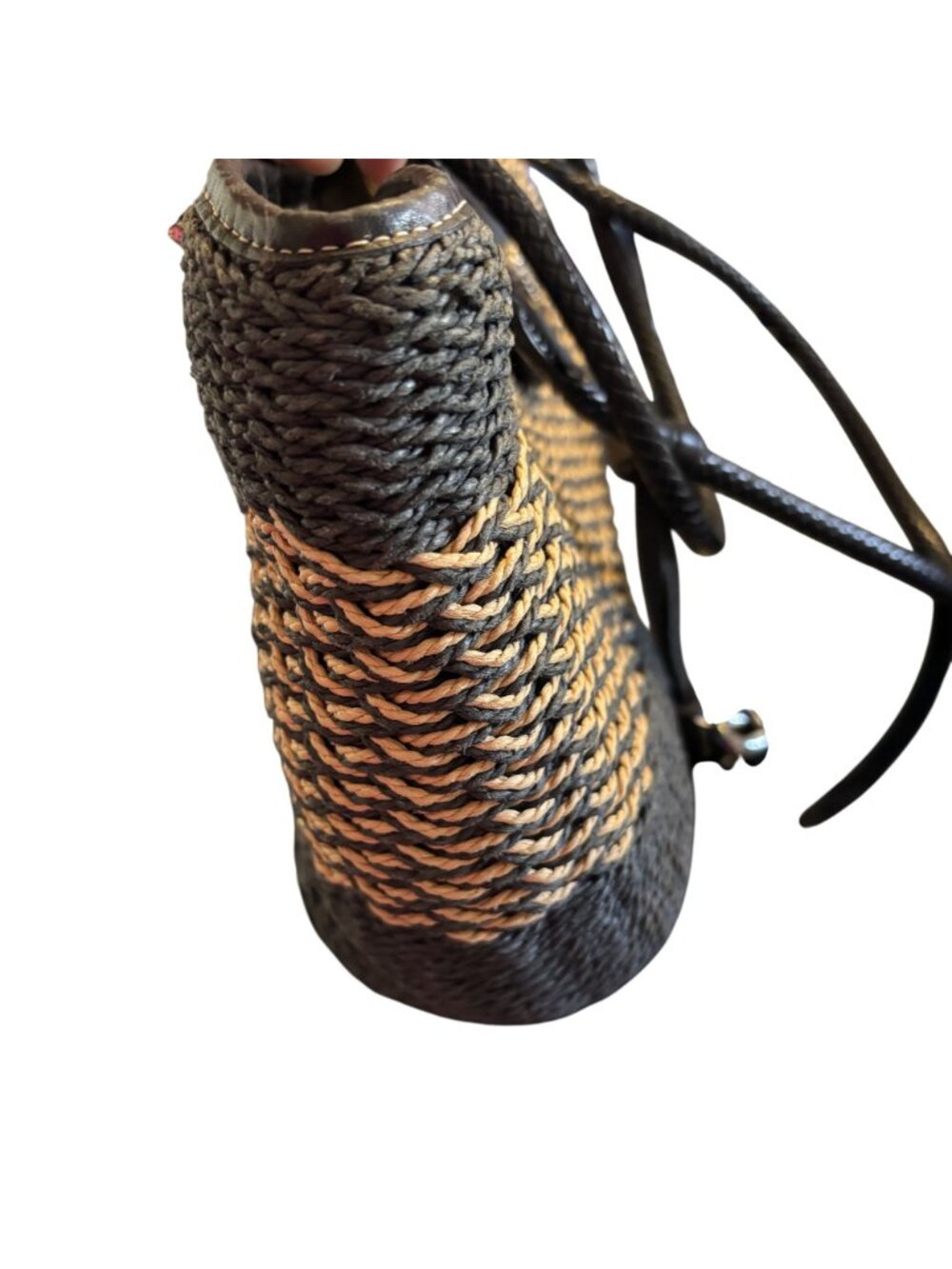 Brighton Savannah Black & Tan Braided Woven Handbag Heart Charm Accent - Picture 9 of 13